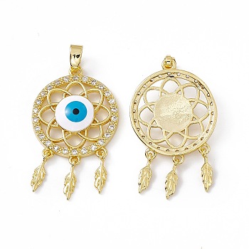 Woven Net/Web with Feather Brass Micro Pave Cubic Zirconia Pendants, Enamel Evi Eye Charm, Real 18K Gold Plated, 32.5mm, Hole: 3x5.5mm