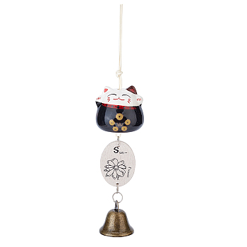 Porcelain Maneki Neko Wind Chimes, Alloy Bell Hanging Ornament for Landscape Outdoor Balcony Decoration, with Wood Lucky Card, Black, 265mm, Cat: 47x51.5mm