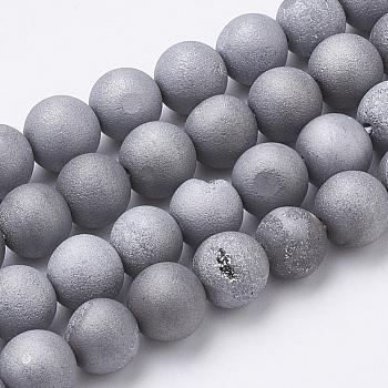 Electroplate Natural Druzy Geode Weathered Agate Beads Strands, Frosted, Dyed, Round, Platinum Plated, 10~10.5mm, Hole: 1.5mm, about 40pcs/strand, 15.5 inch