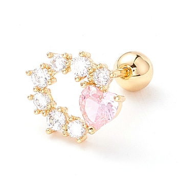 Ring with Heart Pink Cubic Zirconia Stud Earrings for Women, Dainty Brass Earrings with Screw Back Ball Tragus, Golden, 10x9x3mm, Pin: 0.7mm