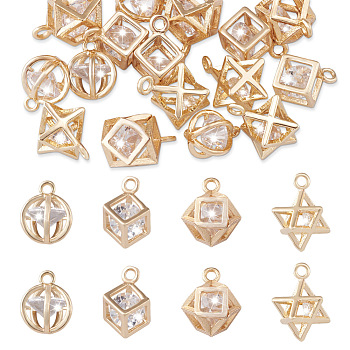 PandaHall Jewelry 16Pcs 4 Style Brass Clear Cubic Zirconia Charms, Mixed Shapes, Light Gold, 9.5~13.5x7.5~10x6.5~8mm, Hole: 1.2~2.5mm, 4pcs/style, 