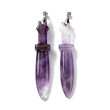 Natural Amethyst Big Pendants, Sword Charms, with Rack Plating Platinum Tone Brass Snap on Bails, Lead Free & Cadmium Free, 69.5x14.5x12.5mm, Hole: 6x4mm