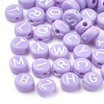 Opaque Acrylic Beads, Horizontal Hole, Mixed Letters, Flat Round with Letter, Random Letters, Lilac, 7x4mm, Hole: 1.5mm
