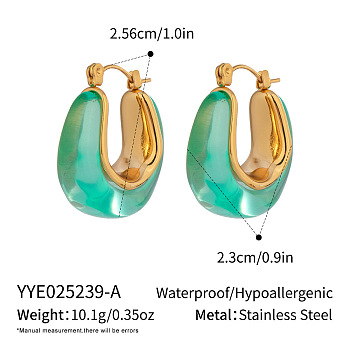 Stainless Steel Resin Hoop Earrings, Real 18K Gold Plated, Green, 25.6x23mm