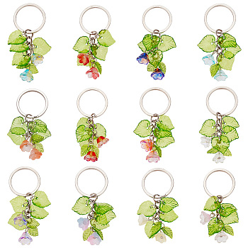 Acrylic & Lampwork Pendant Keychain, with Iron Findings, for Car Key Bag Decoration, Leaf & Lily of the Valley, Mixed Color, 6.8cm, 12 colors, 1pc/color, 12pcs/box