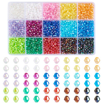 2250Pcs 15 Colors Bicone AB Color Plated Eco-Friendly Transparent Acrylic Beads, Faceted, Mixed Color, 4x4mm, Hole: 1mm, 150pcs/color