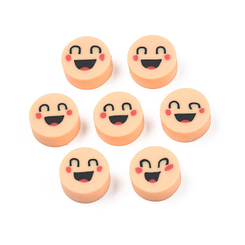Handmade Polymer Clay Beads, Flat Round with Expression, PeachPuff, 9~10x4~5mm, Hole: 1.6mm