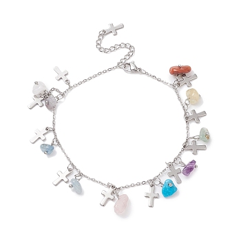 Natural & Synthetic Mixed Gemstone Chips & Cross Charms Anklet, 304 Stainless Steel Jewelry for Women, 9~9-1/8 inch(22.8~23cm)