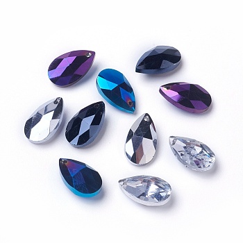 Faceted Glass Pendants, teardrop, Mixed Color, 15x9.5x5.5mm, Hole: 1mm
