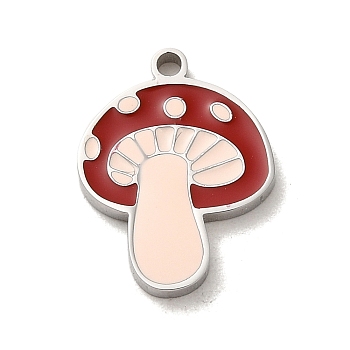 304 Stainless Steel Pendants, with Enamel, Mushroom Charm, Stainless Steel Color, 16x12x1.5mm, Hole: 1.4mm