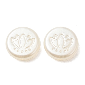 ABS Plastic Imitation Pearl Beads, Flat Round with Lotus, White, 14x4mm, Hole: 1.8mm, about 980pcs/500g