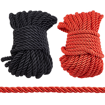 2 Bundles 2 Colors Polyester Thread, Braided Rope, Round, Black & Red, Mixed Color, 7mm, 10m/bundle, 1bundle/color