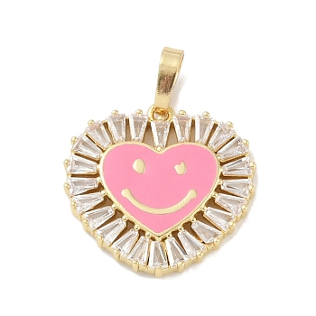 Rack Plating Brass Micro Pave Clear Cubic Zirconia Pendants, with Enamel, Long-Lasting Plated, Lead Free & Cadmium Free, Real 18K Gold Plated, Heart with Smile, Pearl Pink, 20x19x2.5mm, Hole: 6.5x3.5mm