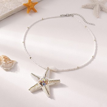 Ocean Starfish Cloth Shell with Rhinestone Pendant White Glass Beaded Necklaces for Women, White, 16.93 inch(43cm)