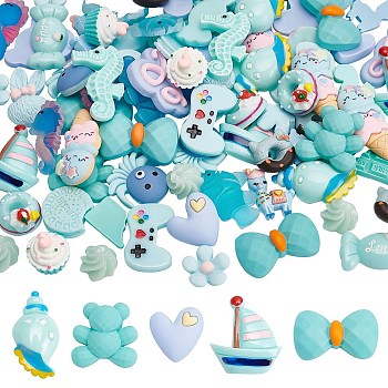 BENECREAT 88Pcs 22 Style Resin Cabochons, Flower & Cookie & Chocolate & Rabbit & Heart & Crab & Sea Horse & Fish & Cloud & Bowknot & Bear & Biscuit & Candy & Cat & Ice Cream & Drift Bottle & Donut & Conch, Blue, 4pcs/style