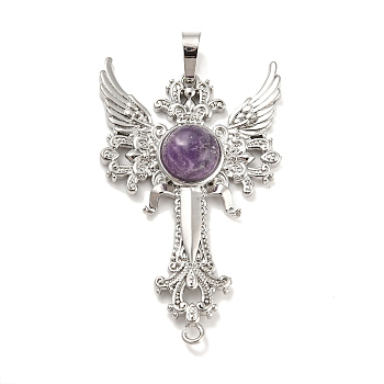 Natural Amethyst Big Pendants, Cross with Wing Charms, with Platinum Plated Brass Findings, 52.5x32x7~7.5mm, Hole: 4x8mm & 2mm