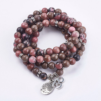 Natural Rhodonite Wrap Bracelets, with Alloy Finding, Om Symbol and Tree of Life, 36.22 inch~39.37 inch(92~100cm)