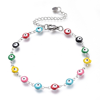 304 Stainless Steel Link Bracelets, with Enamel and Lobster Claw Clasps, Evil Eye, Stainless Steel Color, Colorful, 7-5/8 inch(19.5cm)