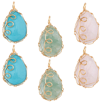 6Pcs 3 Styles Mixed Gemstone Copper Wire Wrapped Pendants, Teardrop Charms, Natural Green Aventurine & Rose Quartz, Synthetic Turquoise, Golden, 33x20x19mm, Hole: 3.5x3mm, 2pcs/style