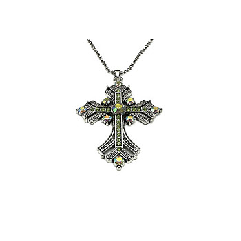 Cross Rhinestone Pendant Necklaces, with Antique Silver Alloy Ball Chains, Peridot, 27.56 inch(70cm)
