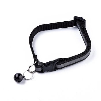 Adjustable Polyester Reflective Dog/Cat Collar, Pet Supplies, with Iron Bell and Polypropylene(PP) Buckle, Black, 21.5~35x1cm, Fit For 19~32cm Neck Circumference