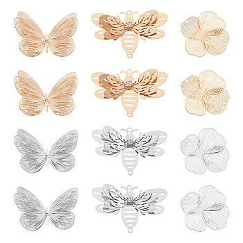 DIY Brass Pendant and Connector Charms Findings Kits, Butterfly & Flower & Bee, Mixed Color, 34~34.5x51x6mm, Hole: 2mm