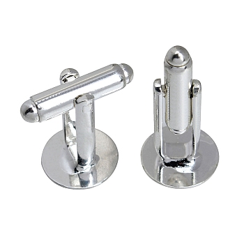 Brass Cufflinks for Men, Flat Round, Silver, 17x18.5x10mm.