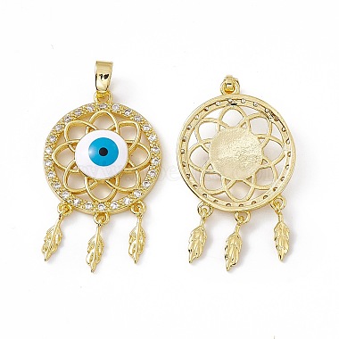 Real 18K Gold Plated Clear Flat Round Brass+Cubic Zirconia+Enamel Pendants