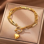 304 Stainless Steel Curb & Paperclip Chain Multi-layered Bracelets, Charm Bracelets for Women, Heart, Golden, 6-3/4 inch(17cm)(FS-WG8A90B-01)