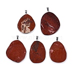 Natural Red Jasper Pendants, Brass Bezeled Nuggets Charms, with Snap on Bails, Platinum, 41~67x27~42x4~11mm, Hole: 7x3.5mm(G-N362-04P-03)