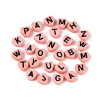 Opaque Acrylic Enamel Beads, Horizontal Hole, Heart with Mixed Black Letters, Pink, 7x7x4mm, Hole: 1.5mm(X-MACR-S273-37C)