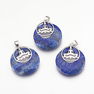 Natural Lapis Lazuli Pendants, with Platinum Tone Brass Findings, Flat Round with Buddha, 32x28x7mm, Hole: 4x5mm(KK-F751-J09)