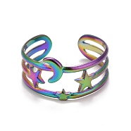 Rainbow Color Ion Plating(IP) 304 Stainless Steel Star and Moon Open Cuff Ring for Women, US Size 8 3/4(18.7mm)(RJEW-A005-26MC)