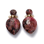 Natural Rhodonite Perfume Bottle Pendants, with Golden Brass Findings, Faceted, Oval, 36.5mm, Hole: 1.6mm, Bottle Capacity: 0.3ml(0.01 fl. oz)(G-D058-12G-04)