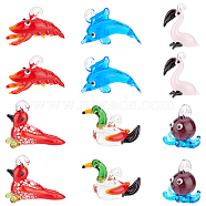12Pcs 6 Style Handmade Lampwork Pendants, Octopus & Dolphin & Flamingo, Mixed Color, 16~34x11~24x7~27mm, Hole: 2~4mm, 2pcs/style(LAMP-DC0001-01)