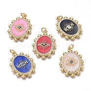 Brass Micro Pave Clear Cubic Zirconia Pendants, with Enamel and Jump Rings, Real 18K Gold Plated, Oval, Mixed Color, 26.5x20x2.5mm, Hole: 3mm(ZIRC-I046-07)