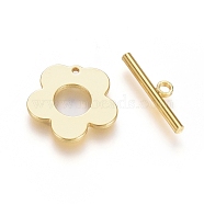 Brass Toggle Clasps, Long-Lasting Plated, Flower, Real 18K Gold Plated, Flower: 13x13.5x1mm, Hole: 1mm, Bar: 15x4x1.5mm, Hole: 1.4mm(X-KK-G389-27G)