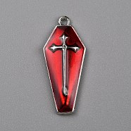 Halloween Theme Alloy Enamel Pendants, Coffin with Cross Charm, Platinum, Dark Red, 26x11x3mm, Hole: 1.2mm(FIND-WH0416-52A-P)