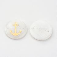 Freshwater Shell Links connectors, Flat Round with Gold Blocking Anchor, Golden, 20x3~4mm, Hole: 1.5mm(SHEL-S247-11)