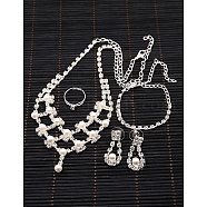 Iron Rhinestone Bridal Jewelry Sets: Necklaces, Bracelets, Earrings and Finger Rings, with Acrylic Pearl Beads and Plastic Ear Nuts/Earring Backs, Silver Color Plated, 16.1 inch, 180mm, 17x31mm, 17mm(SJEW-K007-04S)