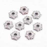 Tibetan Style Caps, Cadmium Free & Nickel Free & Lead Free, Flower, Platinum, 7x7x2mm, Hole: 1.5mm(TIBEB-Q022-P-FF)