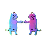 Ion Plating(IP) 304 Stainless Steel Pendants, Cat Charm, Rainbow Color, 35x26x1.5mm, Hole: 2.5mm(STAS-H212-31MC)