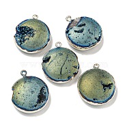 Electroplated Natural Druzy Agate Pendants, Brass Flat Round Charms, Silver Color, Steel Blue, 29~30x24~26x7.5~9mm, Hole: 1.8mm(G-A229-01E)