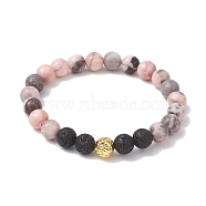 8mm Round Natural Zebra Jasper & Lava Rock Beaded Stretch Bracelets for Women, Golden Plated, Inner Diameter: 2-1/2 inch(6.5cm)(BJEW-JB10433)