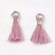Polycotton(Polyester Cotton) Tassel Pendant Decorations, Mini Tassel, with Brass Findings, Light Gold, Old Rose, 10~15x3~4mm, Hole: 2mm(FIND-S275-24G)