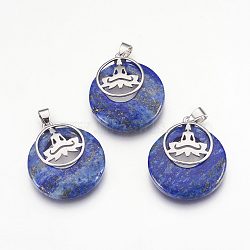 Natural Dyed Lapis Lazuli Pendants, with Platinum Tone Brass Findings, Flat Round with Buddha, 32x28x7mm, Hole: 4x5mm(KK-F751-J09)