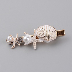 Iron Alligator Hair Clips, with Alloy Enamel Starfish & Shell, Resin Beads & Rhinestone, White, 62x23x13mm(PHAR-WH0008-06)