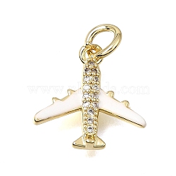 Brass Micro Pave Clear Cubic Zirconia Charms, with Enamel, Airplane Charms, Cadmium Free & Lead Free, Rack Plating, Long-Lasting Plated, Real 18K Gold Plated, White, 14x14x2.5mm, Hole: 3mm(CU-CBAEEA8-36A-G)