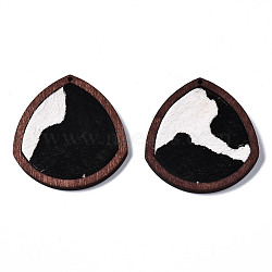 Eco-Friendly Cowhide Leather Pendants, with Dyed Wood, Teardrop with Leopard Print, Black, 41x37.5x4mm, Hole: 1.2mm(FIND-S301-32C-10)