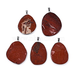 Natural Red Jasper Pendants, Brass Bezeled Nuggets Charms, with Snap on Bails, Platinum, 41~67x27~42x4~11mm, Hole: 7x3.5mm(G-N362-04P-03)
